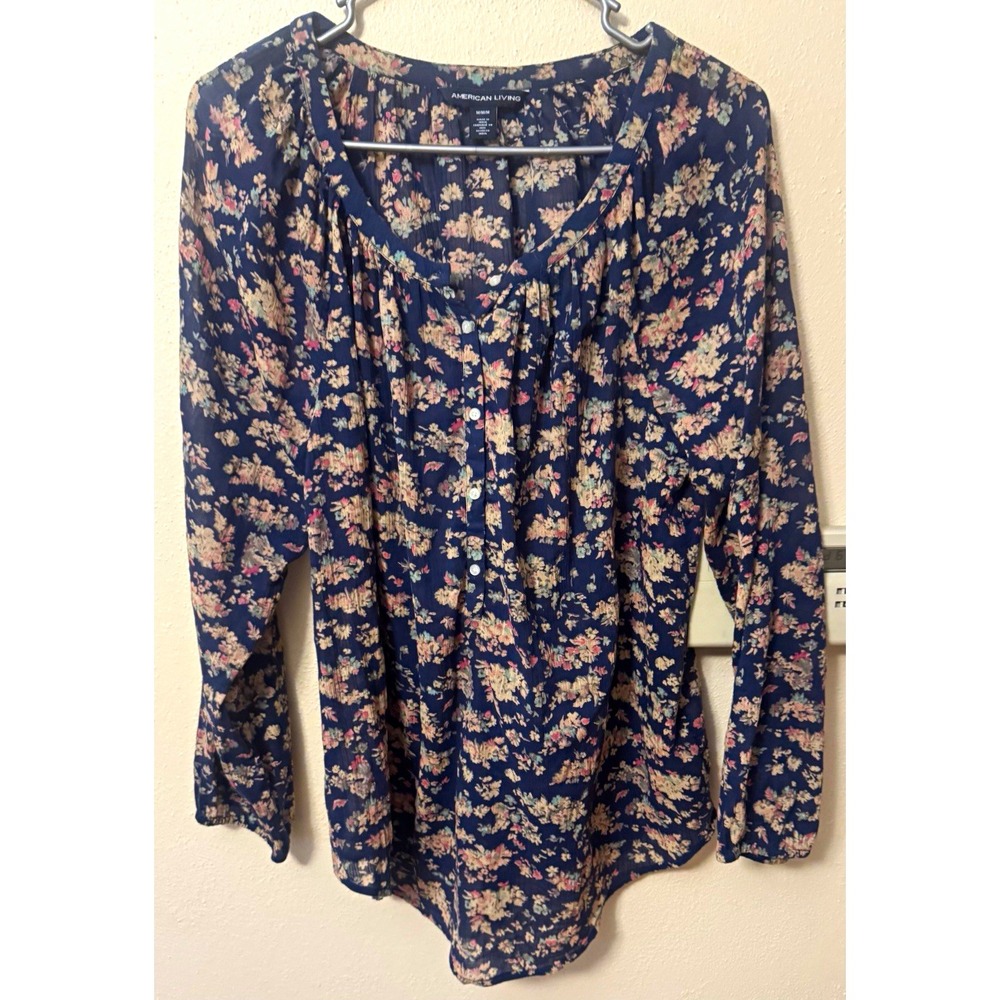 American Living Women's Blue Floral Woven Cotton V-Neck Button Blouse M Regular